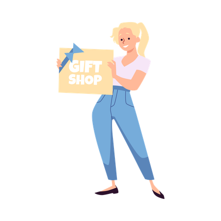 Happy woman holding gift card for gift shop  Illustration