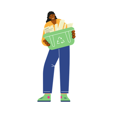 Happy woman holding green container with recycling sign  Illustration