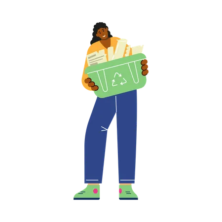Happy woman holding green container with recycling sign  Illustration