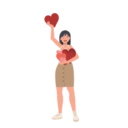 Happy woman holding heart  Illustration