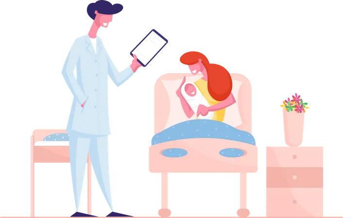 Happy Woman Holding Newborn Child and Listening Doctor Recommendations Illustration