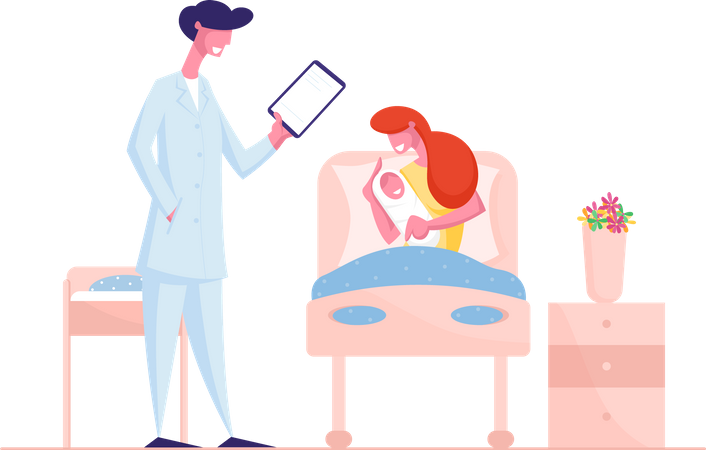 Happy Woman Holding Newborn Child and Listening Doctor Recommendations  Illustration