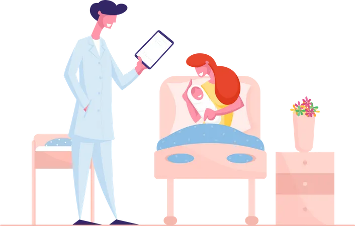 Happy Woman Holding Newborn Child and Listening Doctor Recommendations  Illustration