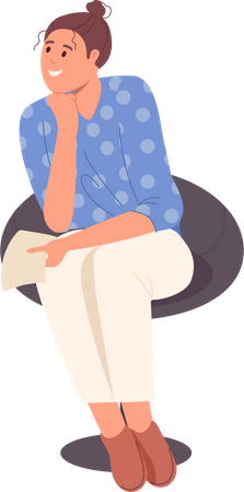 Happy woman holding paper sheet listening while sitting on chair  Illustration