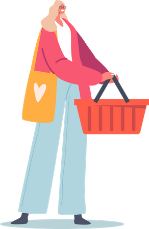 Happy Woman Holding Shopping Cart Illustration
