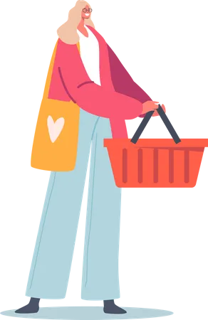 Happy Woman Holding Shopping Cart  Illustration