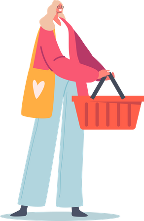 Happy Woman Holding Shopping Cart  Illustration