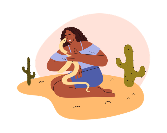 Happy woman holding snake  Illustration