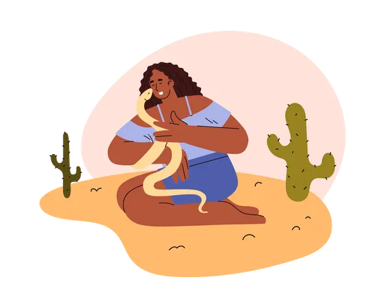 Happy woman holding snake  Illustration