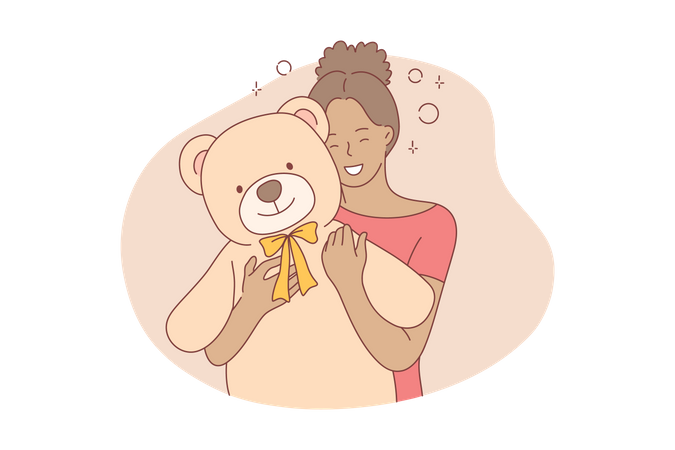 Happy woman holding teddy bear  Illustration