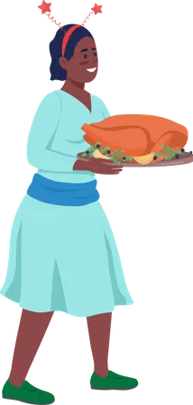 Happy woman holding turkey Illustration