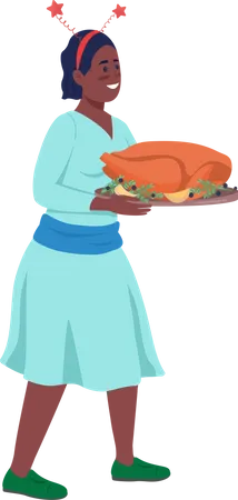 Happy woman holding turkey  Illustration