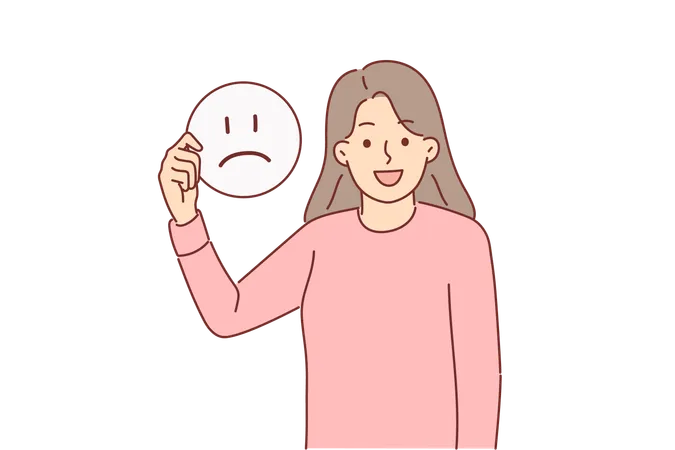 Happy woman holds sad emoticon calling to be optimist and have positive mood for achieve goals  Illustration