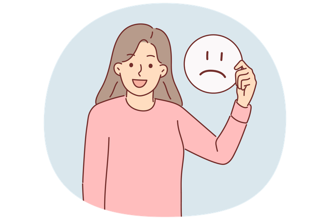 Happy woman holds sad emoticon calling to be optimist and have positive mood for achieve goals  Illustration