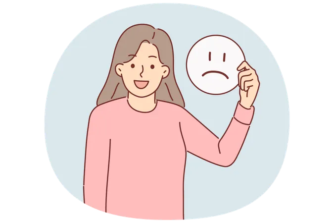 Happy woman holds sad emoticon calling to be optimist and have positive mood for achieve goals  Illustration