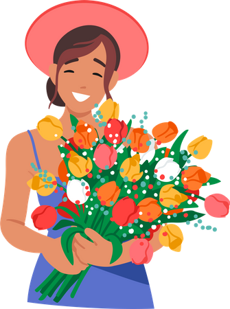 Happy Woman Holds Summer Flowers In Her Hands  Illustration