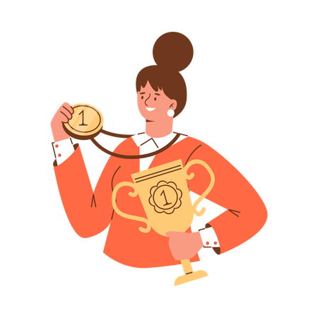 Happy woman holds winners golden trophy and medal  Illustration