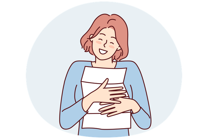 Happy woman hugging and clutches to chest paper letter from boyfriend  Illustration