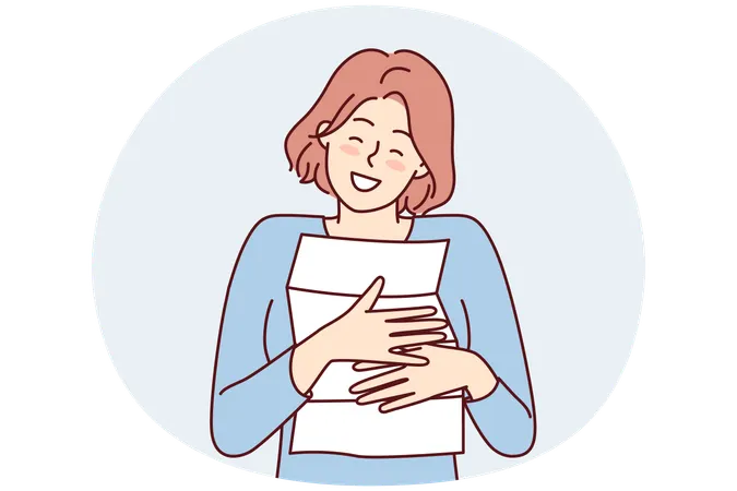 Happy woman hugging and clutches to chest paper letter from boyfriend  Illustration