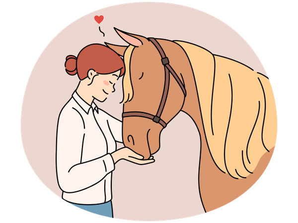 Happy woman hugging horse  Illustration