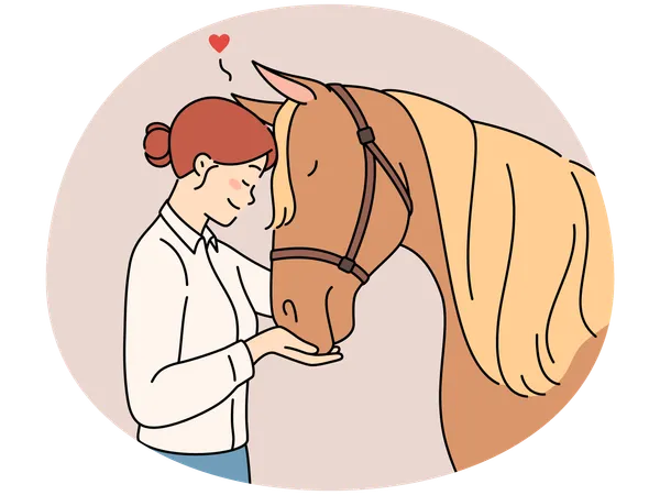 Happy woman hugging horse  Illustration