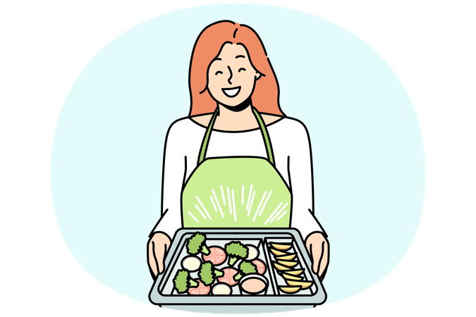 Happy woman in apron holding tray with delicious food baking  Illustration