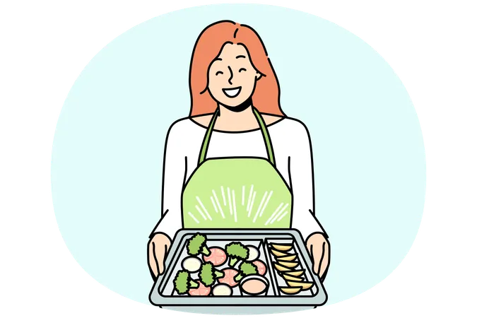 Happy woman in apron holding tray with delicious food baking  Illustration