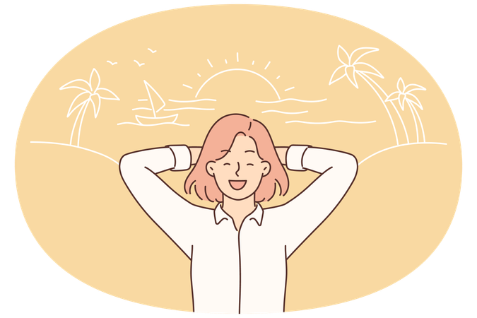 Happy woman in business clothes on sea beach with palm trees and sunny sunset during summer vacation  Illustration