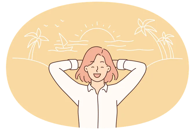 Happy woman in business clothes on sea beach with palm trees and sunny sunset during summer vacation  Illustration