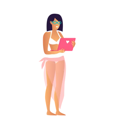 Happy Woman In Cute Bright Blue Spectacles Vector Illustration With Young Girl In White Bikini And Pink Pareo Beautiful Laptop With White Heart Illustration