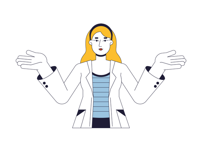 Happy woman in lab coat confused shrugging  Illustration