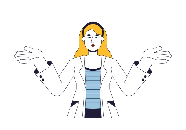 Happy woman in lab coat confused shrugging  Illustration