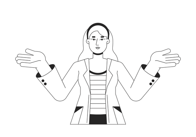 Happy woman in lab coat shrugging hands  Illustration