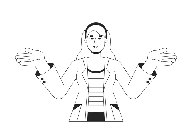 Happy Woman In Lab Coat Shrugging Hands Flat Line Black White Vector Character Female Scientist Editable Outline Full Body Person Simple Cartoon Isolated Spot Illustration For Web Graphic Design Illustration