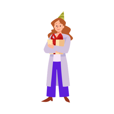 Happy woman in pointy hat holding gift box  Illustration