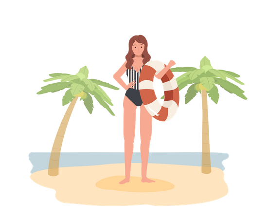 Happy Woman In Swim Suit Holding Swim Ring On The Beach  Illustration