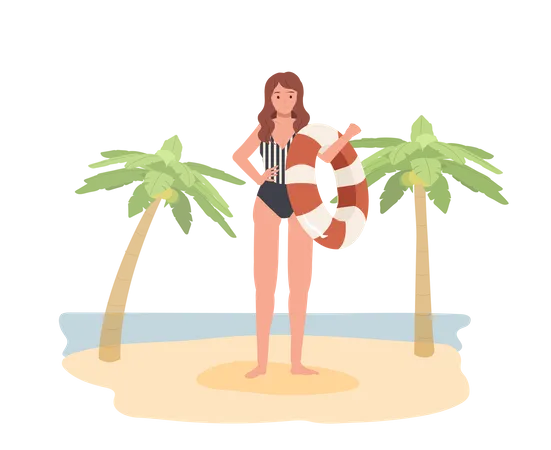 Happy Woman In Swim Suit Holding Swim Ring On The Beach  Illustration