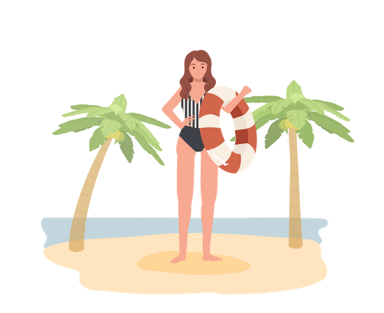 Happy Woman In Swim Suit Holding Swim Ring On The Beach Illustration