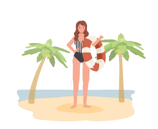 Happy Woman In Swim Suit Holding Swim Ring On The Beach Illustration