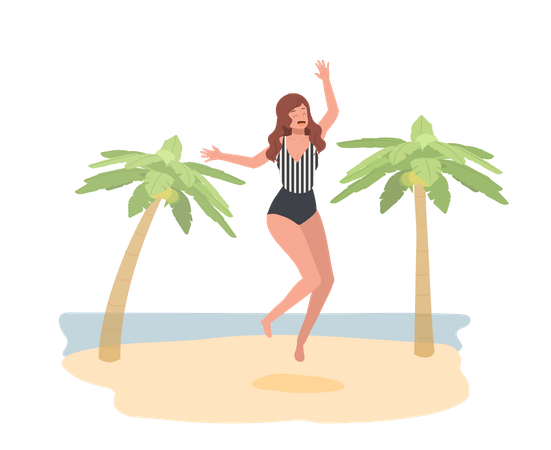 Happy Woman In Swim Suit Is Jumping On The Beach Illustration
