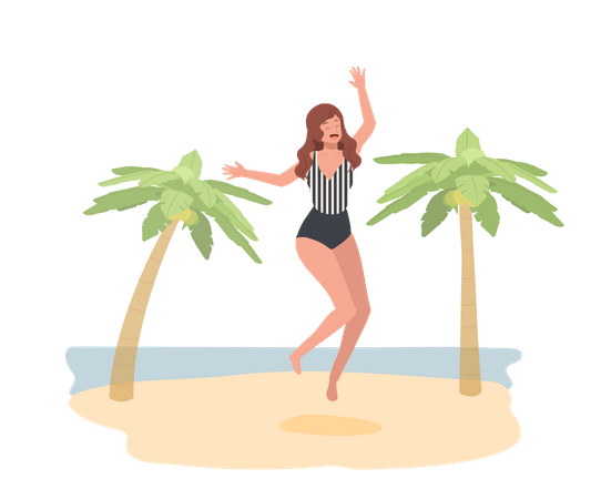 Happy Woman In Swim Suit Is Jumping On The Beach  Illustration