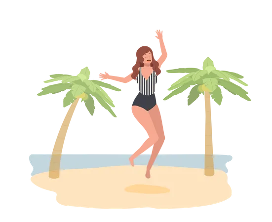 Happy Woman In Swim Suit Is Jumping On The Beach  Illustration