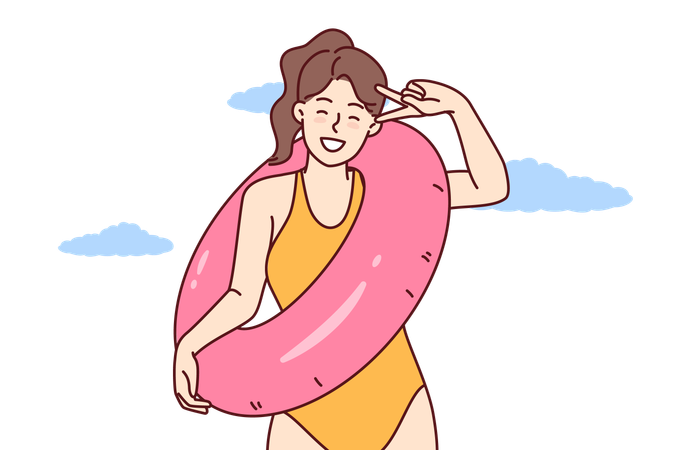 Happy woman in swimsuit for sunbathing and swimming in ocean rejoices summer vacation  Illustration