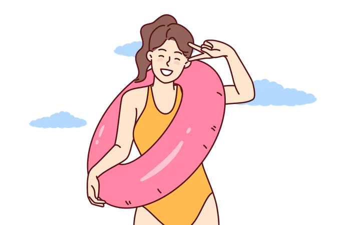 Happy Woman In Swimsuit For Sunbathing And Swimming In Ocean Rejoices In Long Awaited Summer Vacation And Holds Lifebuoy Girl Tourist In Bathing Suit For Beach Or Pool Is Resting On Tropical Island Illustration