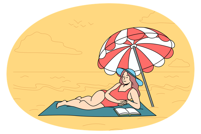 Happy woman in swimsuit lying on beach reading book  Illustration