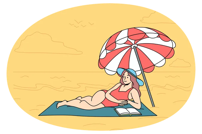 Happy woman in swimsuit lying on beach reading book  Illustration