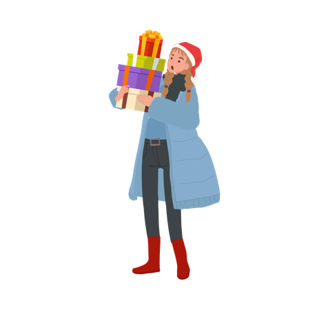 Happy Woman in Winter Attire with Gift Boxes  Illustration