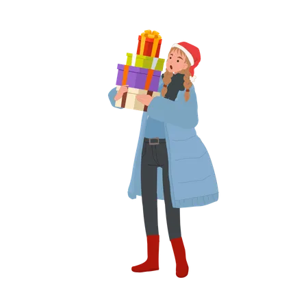 Christmas Joy Concept Happy Woman In Winter Attire With Gift Boxes Illustration