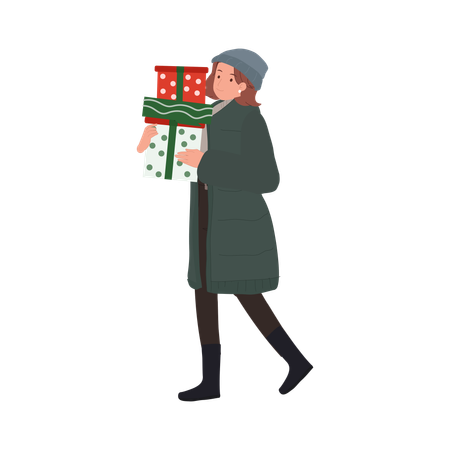 Happy Woman in Winter Attire with Gift Boxes  Illustration