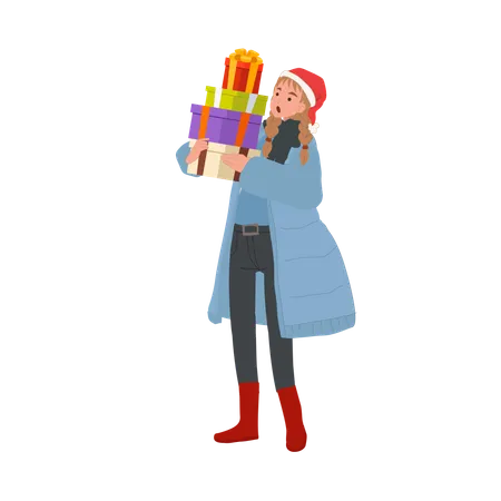 Happy Woman in Winter Attire with Gift Boxes  Illustration